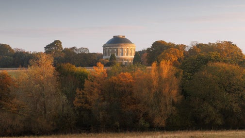An autumn landscape at Ickworth with trees in brown and reds and the Rounda in the background